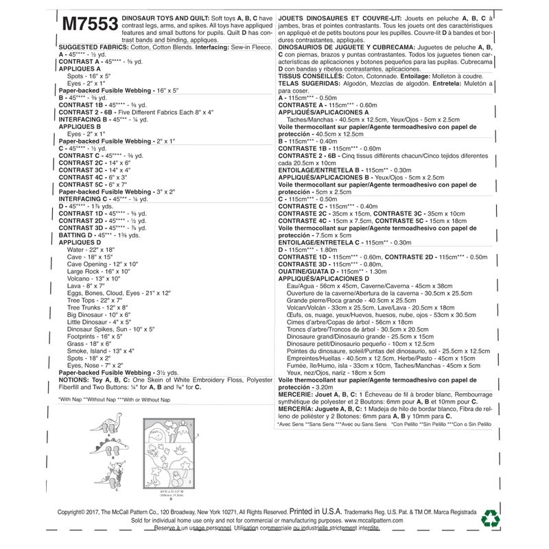 Patron McCall's 7553.OSZ - Jouets dinosaures et couvre-lit