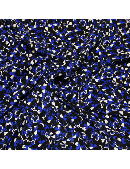 Crêpe de Chine 100% soie - Trèfle bleu & blanc fond noir