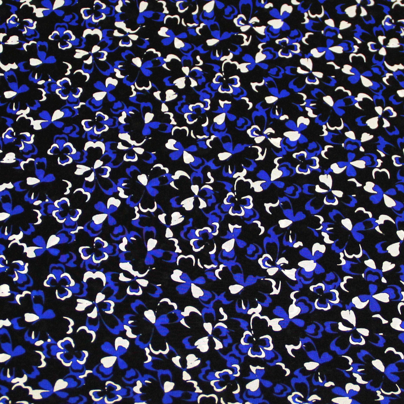 Crêpe de Chine 100% soie - Trèfle bleu & blanc fond noir