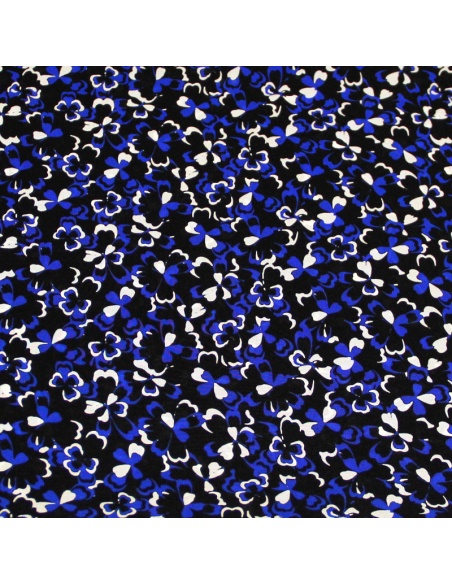 Crêpe de Chine 100% soie - Trèfle bleu & blanc fond noir