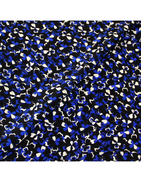 Crêpe de Chine 100% soie - Trèfle bleu & blanc fond noir