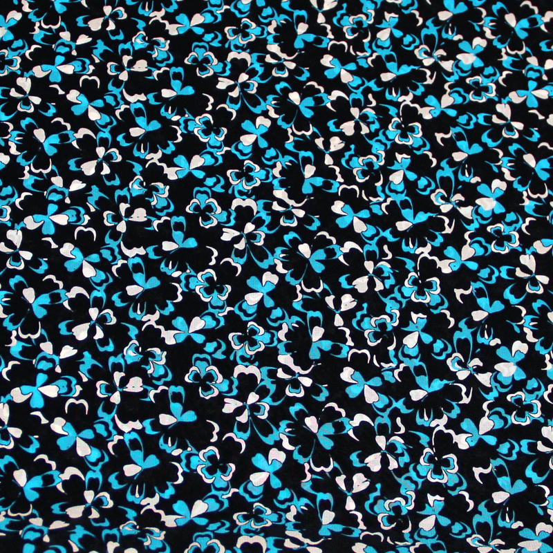 Crêpe de Chine 100% soie - Trèfle turquoise & blanc fond noir