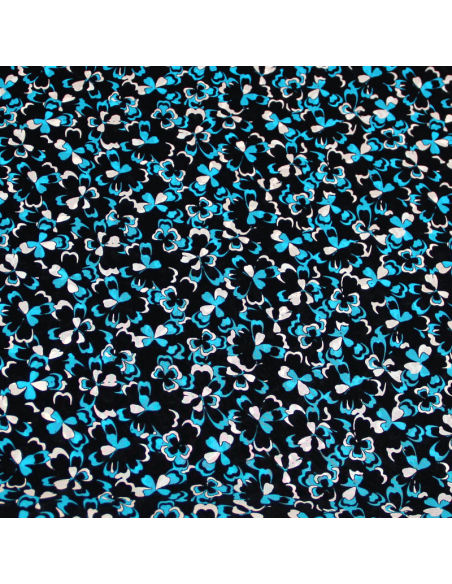 Crêpe de Chine 100% soie - Trèfle turquoise & blanc fond noir