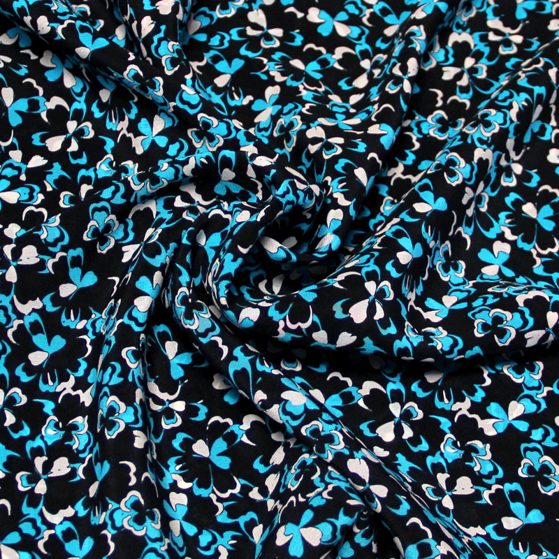 Crêpe de Chine 100% soie - Trèfle turquoise & blanc fond noir