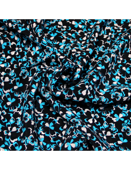 Crêpe de Chine 100% soie - Trèfle turquoise & blanc fond noir