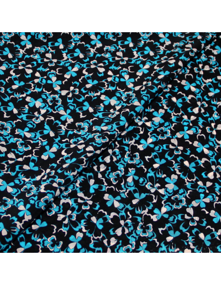 Crêpe de Chine 100% soie - Trèfle turquoise & blanc fond noir