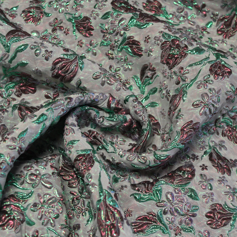 Tissu brocart - Fleur vert & rouge