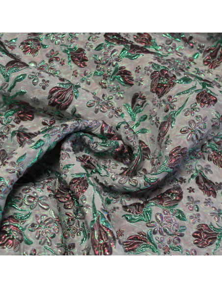 Tissu brocart - Fleur vert & rouge