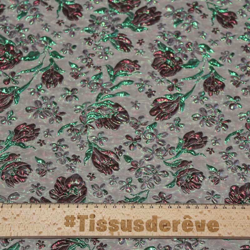Tissu brocart - Fleur vert & rouge