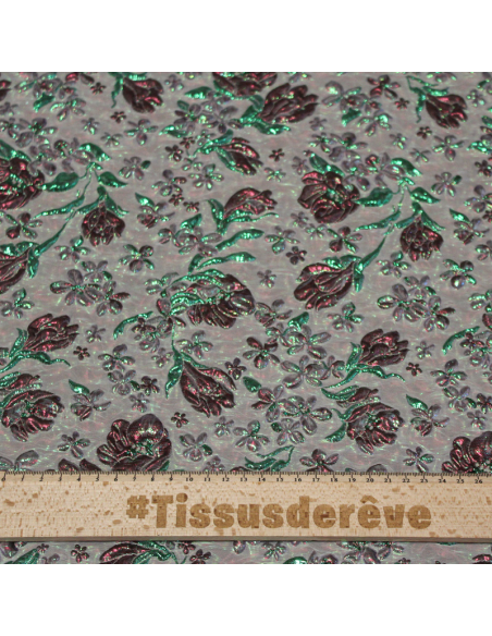 Tissu brocart - Fleur vert & rouge