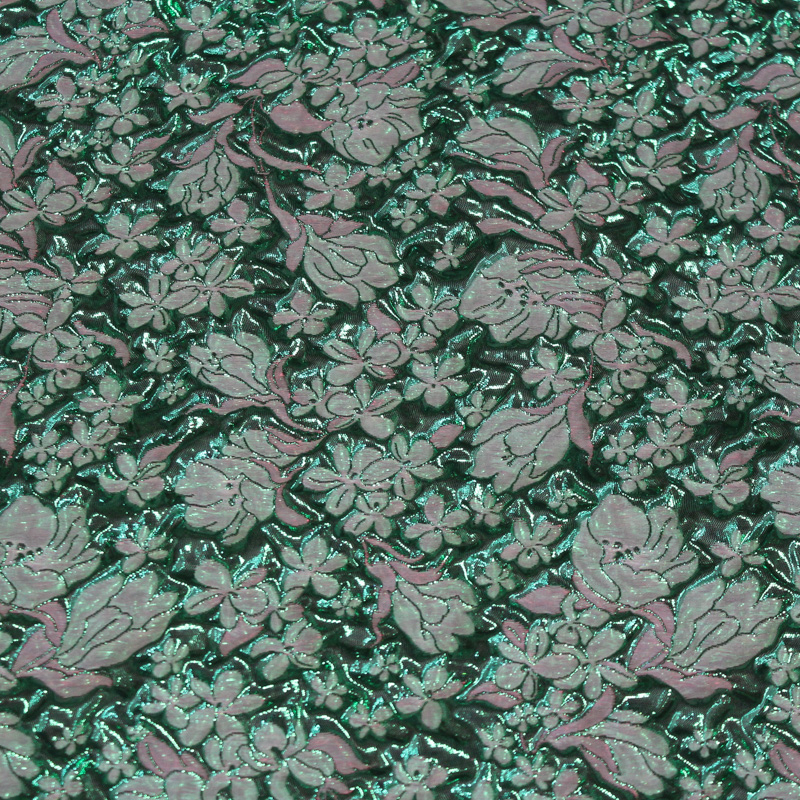 Tissu brocart - Fleur vert & rouge