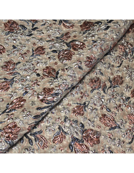Tissu brocart - Fleur bleu & rose