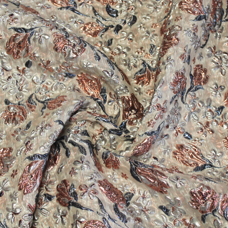 Tissu brocart - Fleur bleu & rose