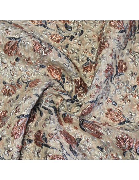 Tissu brocart - Fleur bleu & rose