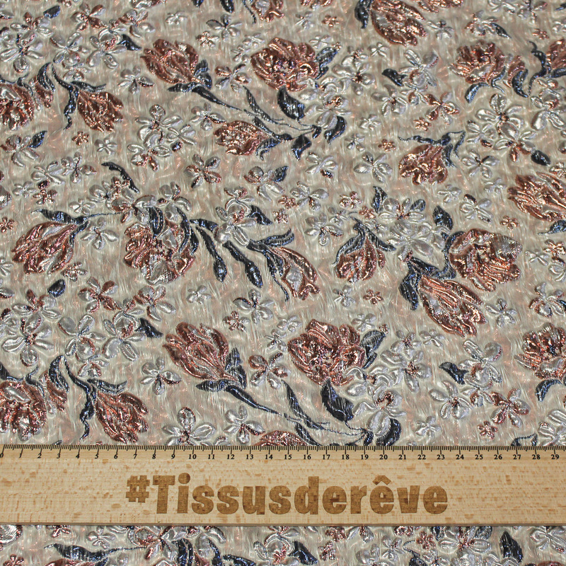 Tissu brocart - Fleur bleu & rose
