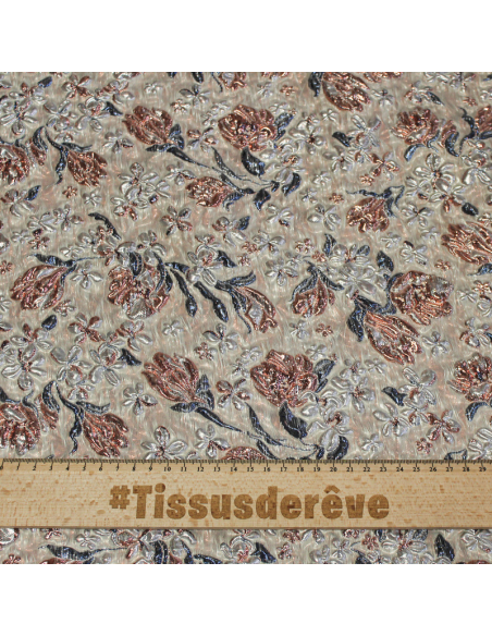 Tissu brocart - Fleur bleu & rose