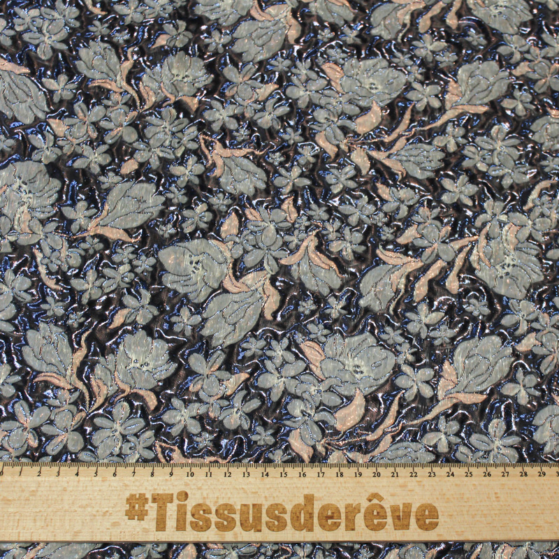 Tissu brocart - Fleur bleu & rose