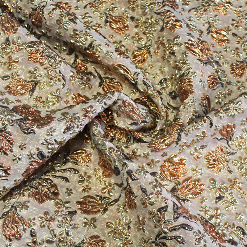Tissu brocart - Fleur doré & cuivre