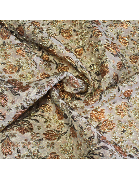 Tissu brocart - Fleur doré & cuivre