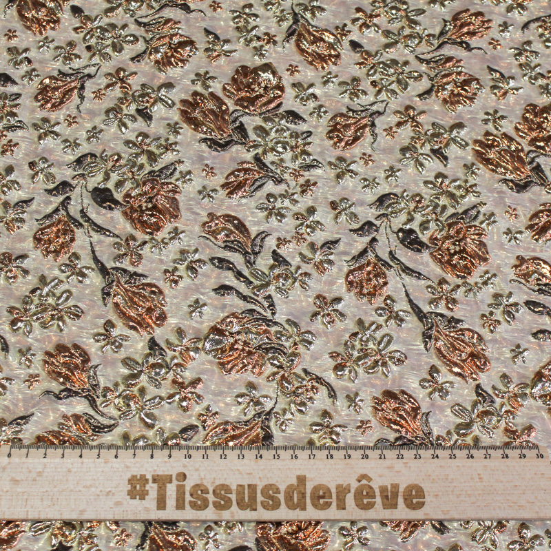 Tissu brocart - Fleur doré & cuivre