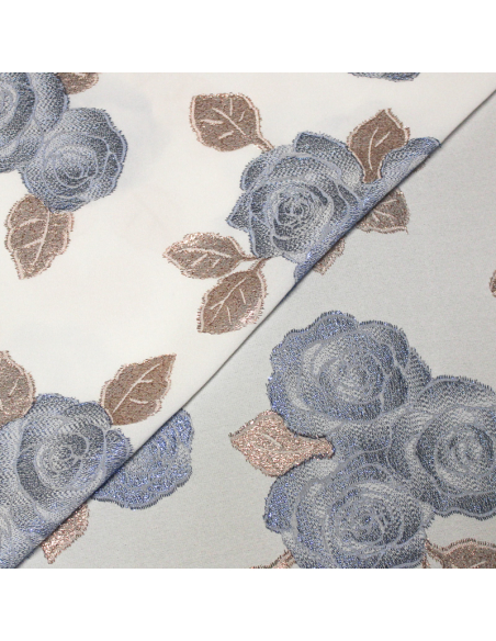 Crêpe envers satin de soie jacquard - Bouquet de rose bleu & rose gold
