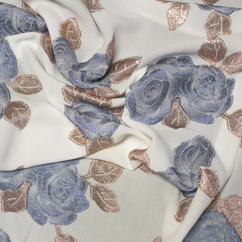 Crêpe envers satin de soie jacquard - Bouquet de rose bleu & rose gold