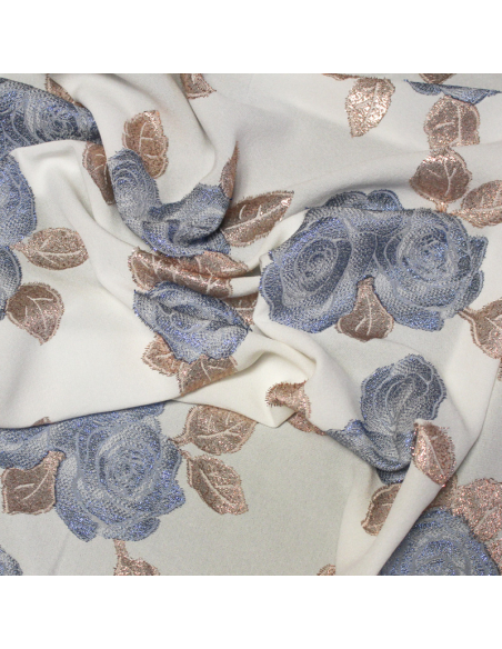 Crêpe envers satin de soie jacquard - Bouquet de rose bleu & rose gold