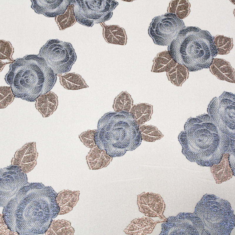 Crêpe envers satin de soie jacquard - Bouquet de rose bleu & rose gold