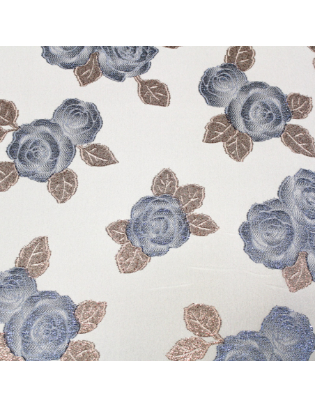 Crêpe envers satin de soie jacquard - Bouquet de rose bleu & rose gold
