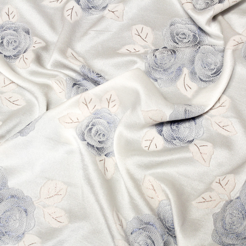 Crêpe envers satin de soie jacquard - Bouquet de rose bleu & rose gold