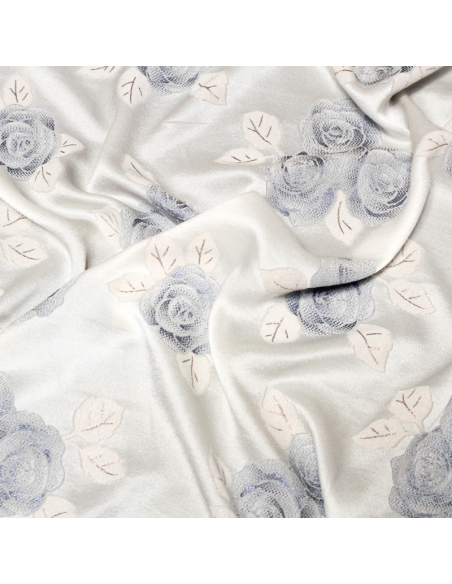 Crêpe envers satin de soie jacquard - Bouquet de rose bleu & rose gold