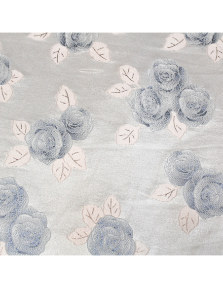 Crêpe envers satin de soie jacquard - Bouquet de rose bleu & rose gold