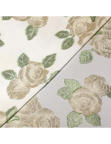 Crêpe envers satin de soie jacquard - Bouquet de rose vert & or