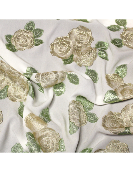 Crêpe envers satin de soie jacquard - Bouquet de rose vert & or