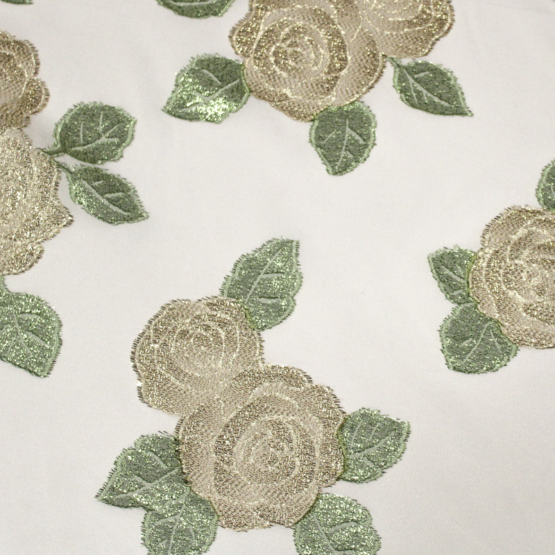 Crêpe envers satin de soie jacquard - Bouquet de rose vert & or