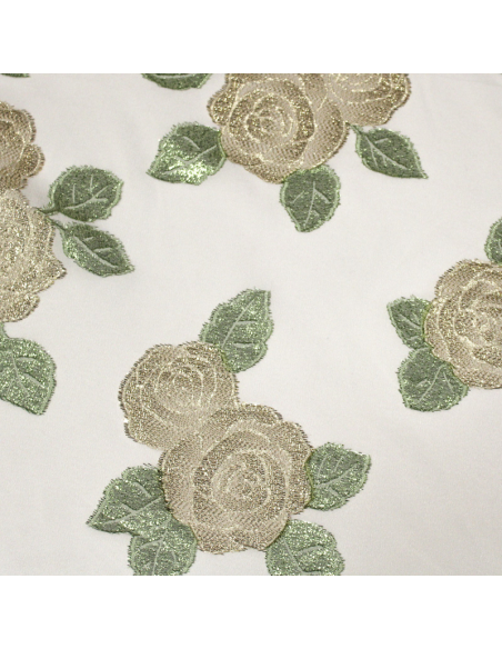 Crêpe envers satin de soie jacquard - Bouquet de rose vert & or