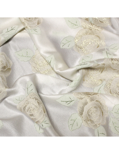 Crêpe envers satin de soie jacquard - Bouquet de rose vert & or