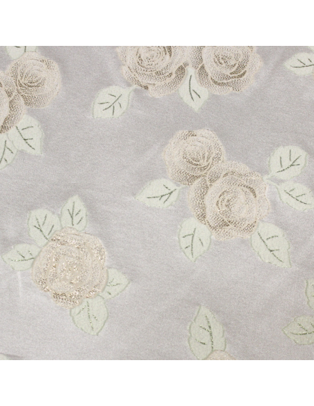 Crêpe envers satin de soie jacquard - Bouquet de rose vert & or