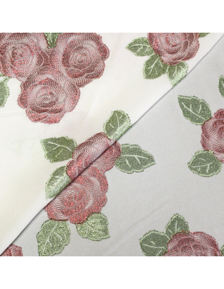 Crêpe envers satin de soie jacquard - Bouquet de rose rouge & vert