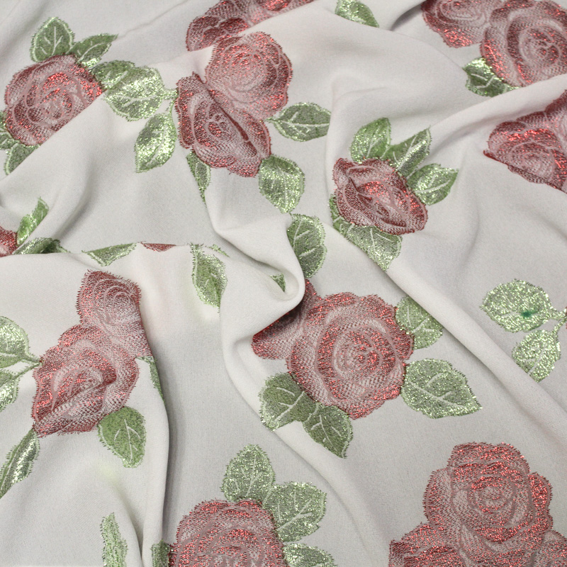 Crêpe envers satin de soie jacquard - Bouquet de rose rouge & vert
