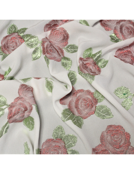 Crêpe envers satin de soie jacquard - Bouquet de rose rouge & vert