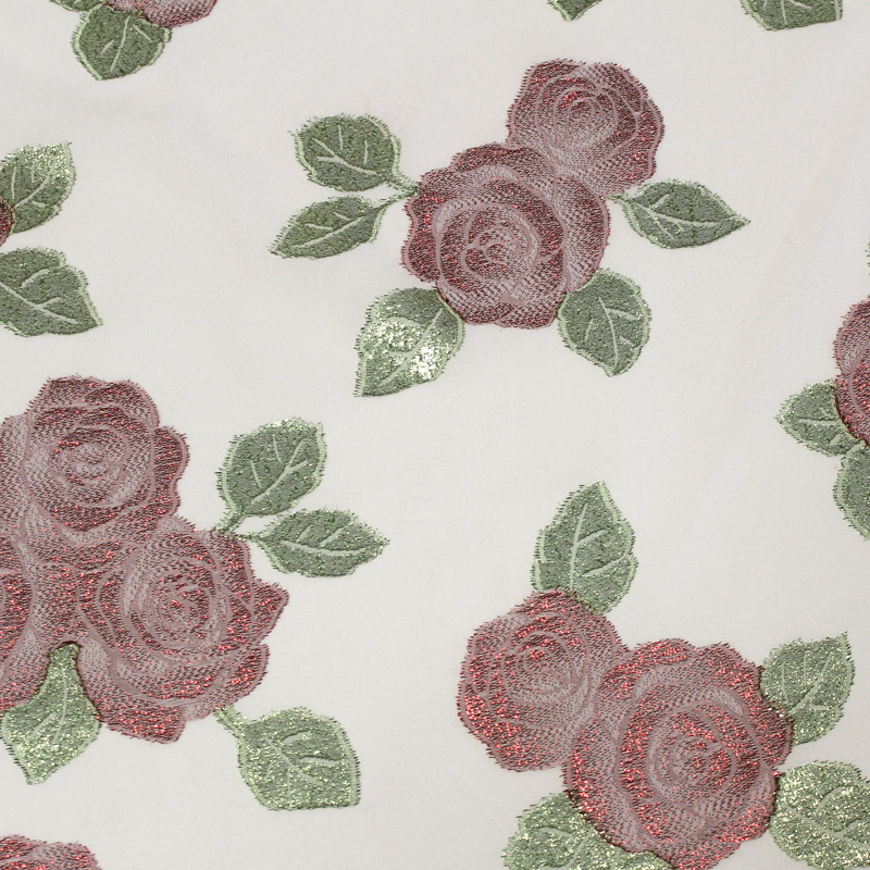 Crêpe envers satin de soie jacquard - Bouquet de rose rouge & vert