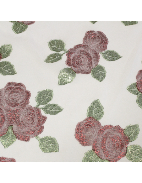 Crêpe envers satin de soie jacquard - Bouquet de rose rouge & vert