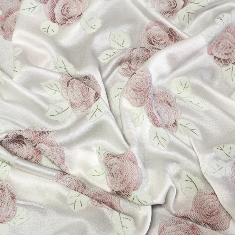 Crêpe envers satin de soie jacquard - Bouquet de rose rouge & vert