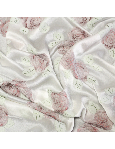 Crêpe envers satin de soie jacquard - Bouquet de rose rouge & vert