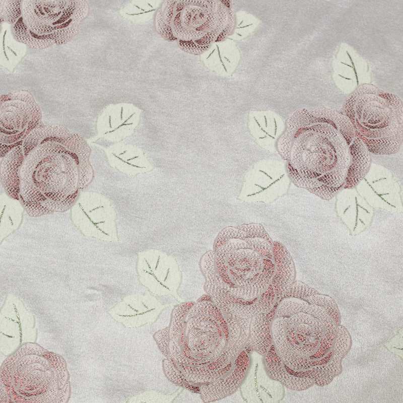 Crêpe envers satin de soie jacquard - Bouquet de rose rouge & vert