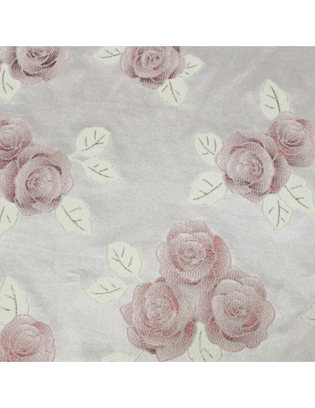 Crêpe envers satin de soie jacquard - Bouquet de rose rouge & vert