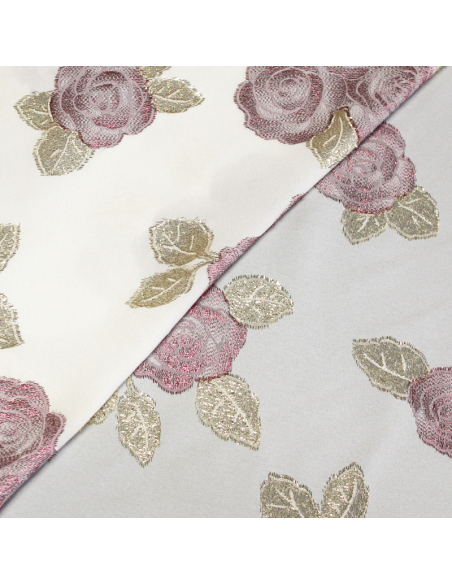 Crêpe envers satin de soie jacquard - Bouquet de rose fuchsia & or