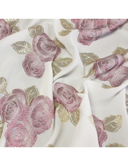 Crêpe envers satin de soie jacquard - Bouquet de rose fuchsia & or