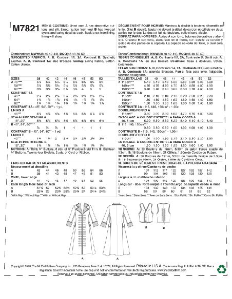 Patron McCall's 7821.MQQ - Déguisement